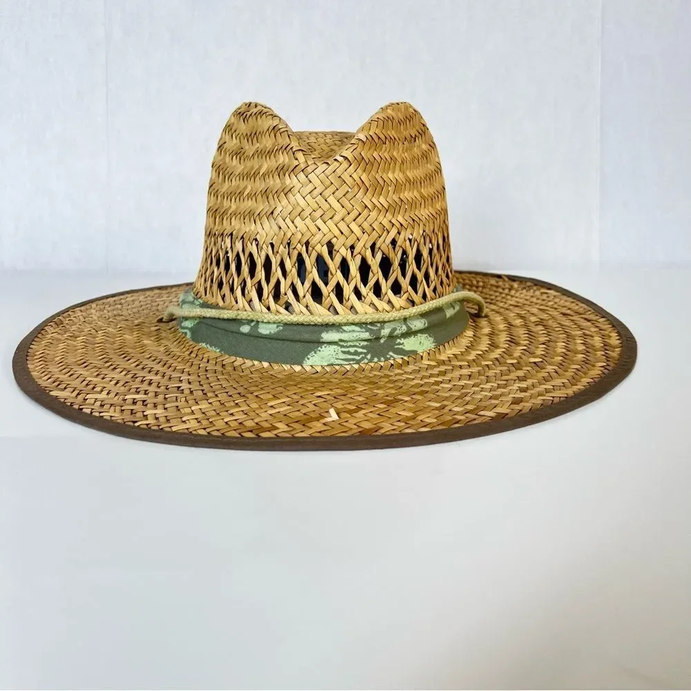 Dorfman Pacific Wide Brim Natural Straw Sun Hat with Green Band Chin Strap XL